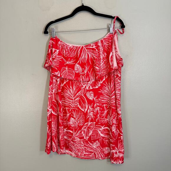 Asos Mini Shift Dress 10 Red White Leaf Ruffled Spaghetti Straps Tropical Summer - Picture 2 of 8